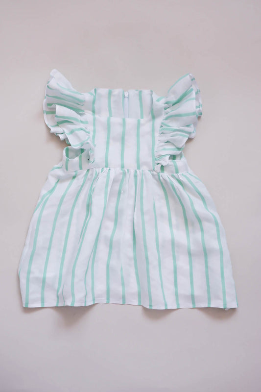 Памучено фустанче со карнери - Бело зелени риги