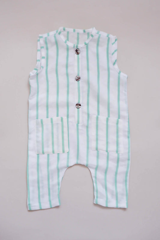 Памучен ромпер - Бело зелени риги