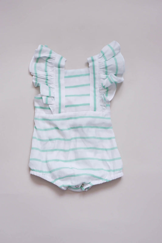 Памучен ромпер со карнери - Бело зелени риги
