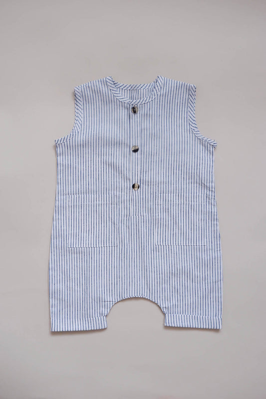 Ленен ромпер - Бело плави линии