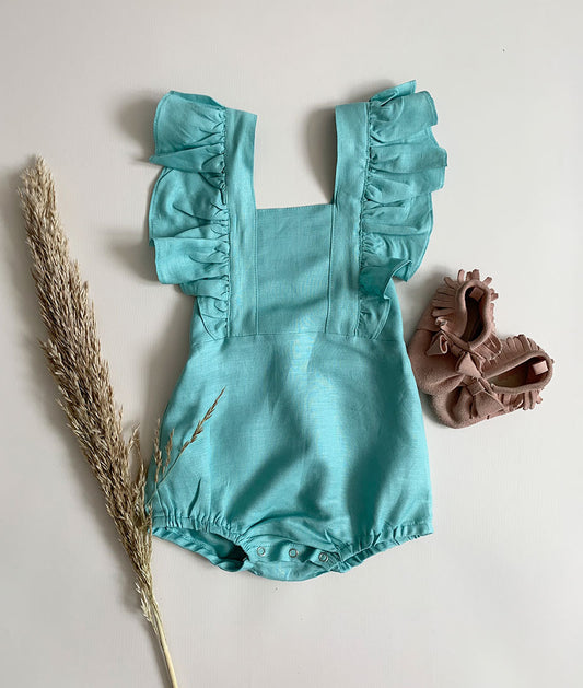 Зелен кембриџ ленен ромпер со карнери
